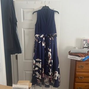 SLNY Navy and White Floral High Low Dress